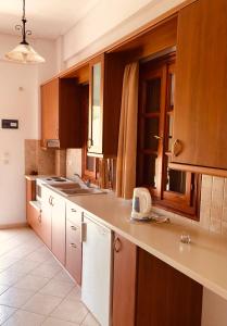马拉松坎博斯Gaia Apartments,By Villa Kokkoni的厨房配有木制橱柜和白色台面