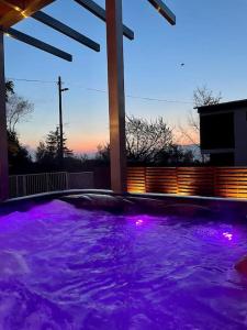 希欧福克Felix House Siófok的庭院内带紫色灯的热水浴池