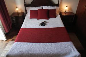 丰沙尔Hotel GORDON的一张带红白毯子和红色枕头的床