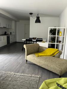 辛特拉Cozy Green Apartment的带沙发的客厅和厨房