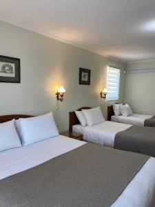 瓦尔迪维亚Hotel Melillanca的酒店客房设有两张床和窗户。