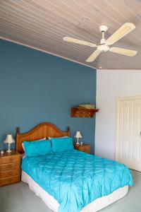 CorryongJardine Lodge - Can sleep 22!的蓝色卧室配有床和吊扇