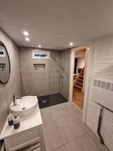 彼得比伦Huisje in Pieterburen的浴室配有白色水槽和淋浴。