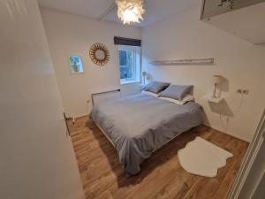 彼得比伦Huisje in Pieterburen的一间卧室配有一张床、一张桌子和一面镜子