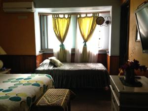 圣地亚哥拉卡斯特拉纳酒店的一间卧室设有两张床,窗户配有窗帘
