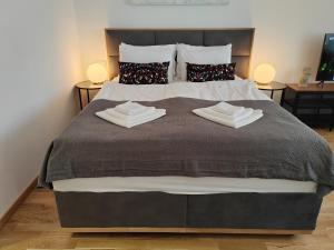 萨格勒布S15 Studio Apartment FREE PARKING的一间卧室配有一张大床和两条毛巾