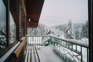 多纳瓦利Chata Franka的阳台享有雪覆盖的森林美景。