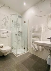 维也纳Hotel Marc Aurel - Newly refurbished的带淋浴、卫生间和盥洗盆的浴室