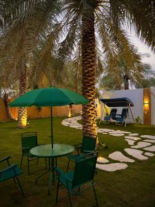 胡富夫منتجع تشرين的棕榈树下一张桌子,上面摆放着绿色的遮阳伞和椅子