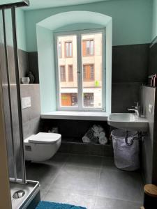 班贝格Penthouse Wohnung in 1A City-Lage in Bamberg的浴室设有窗户、卫生间和水槽。