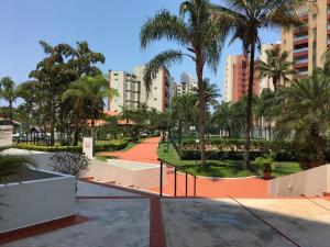 圣劳伦斯海滨Riviera Modulo 6 100m da praia - ATENÇÃO - Piscina em reforma的棕榈树和建筑城市中的公园