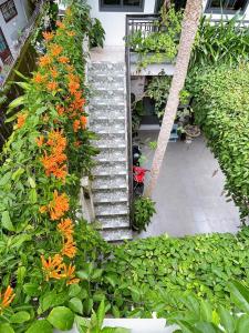 大叻Da Lat Lemongrass - Đà Lạt Sả的花园的顶部景色,花园内种有鲜花,设有楼梯