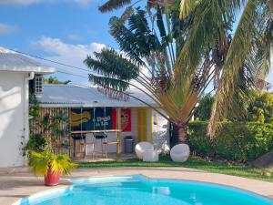 Ravine des CabrisVilla BELLE VUE, CHAMBRE BAMBOUS的棕榈树建筑前的游泳池