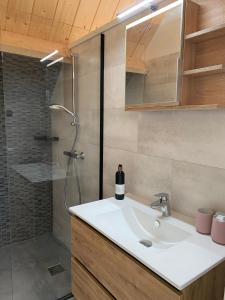 PolsbroekB&B De Porrel的浴室设有水槽和淋浴,并提供一瓶葡萄酒