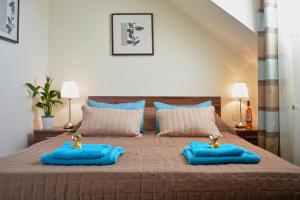韦切什机场格罗塞尔酒店的一间卧室配有一张带蓝色枕头的床。