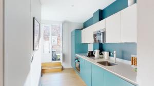斯特拉斯堡L'Appart du Quai avec Terrasse的厨房配有蓝白色橱柜和水槽