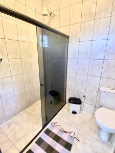 伦索伊斯Terra Hostel e Pousada的带淋浴和卫生间的浴室