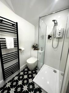 鲍内斯温德米尔3 West End Boutique Apartment的一间带玻璃淋浴和卫生间的浴室