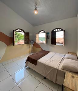 伦索伊斯Terra Hostel e Pousada的一间卧室设有一张大床和两个窗户。