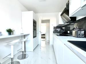 波恩Stilvolles Apartment in Bonn的白色的厨房配有白色家电和白色台面