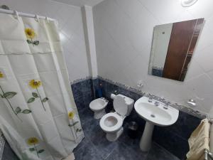 圣罗莎El descanso的一间带卫生间、水槽和镜子的浴室