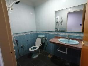 龙运Mi Hotel 2 Dungun的一间带卫生间、水槽和镜子的浴室