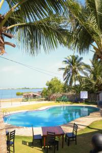 卡尔皮蒂耶The Blue Lagoon Resort Kalpitiya的海滩旁的游泳池配有桌椅