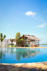 卡尔皮蒂耶The Blue Lagoon Resort Kalpitiya的一个带游泳池和茅草屋顶的度假胜地