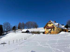林区圣雅各布Biohof Kroisleitner的雪地中脚印的山丘上的房子