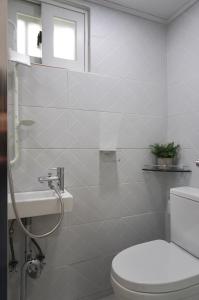首尔Mapo Rooftop camping house的白色的浴室设有卫生间和淋浴。