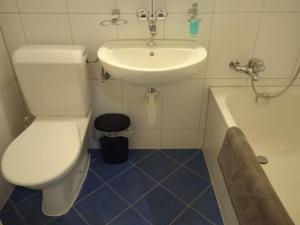 楚格Studio flat in the heart of Zug, ideal for solo travellers的浴室配有卫生间、盥洗盆和浴缸。