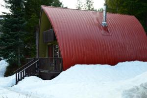 罗斯兰红色百叶窗小屋旅馆的雪中红色屋顶的小屋