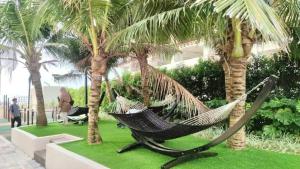 马六甲JRv HotelStyle HomeStay Melaka的棕榈树花园内的吊床