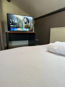 PéronnasLogement indépendant 1 à 2 chambres, idéal séjour Bourg en bresse的一间卧室配有一张床和一台平面电视