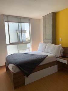马尼萨莱斯Ulivin Apartaestudios Manizales的一间卧室设有一张大床和窗户