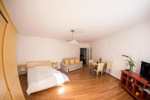 格拉茨Apartment Grazbachgasse的一间卧室设有一张床和一间客厅。