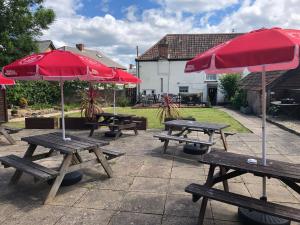 汤顿The Lethbridge Arms的一组野餐桌和红色伞