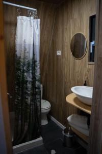 皮亚特拉-尼亚姆茨Casuta Mea的一间带森林淋浴帘的浴室