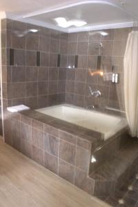 海沃德迪斯科瓦利旅馆的带浴缸的浴室和瓷砖墙