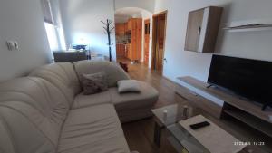 摩拉瓦托普利采Prijetno stanovanje v bližini Term 3000 - Vivat的客厅配有白色沙发和平面电视。
