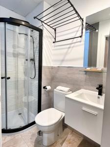 马拉加Tennessee Urban Suites的带淋浴、卫生间和盥洗盆的浴室