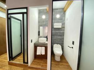 圣克里斯托瓦尔-德拉斯卡萨斯Suites del Barrio的浴室的两张照片,浴室内配有卫生间和镜子