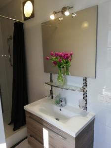 布鲁塞尔Guesthouse Marie Therese的浴室设有水槽和粉红色花瓶
