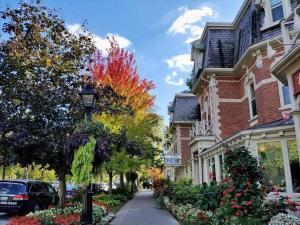 尼亚加拉瀑布Luxury Niagara 3 Bdr Townhouse /Garage的一条城市街道,有房屋和树木,有秋叶