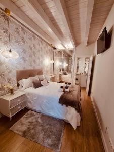 布尔戈斯BELLA VISTA Catedral-Apartamentos Burgos Catedral的卧室配有一张白色大床和电视。