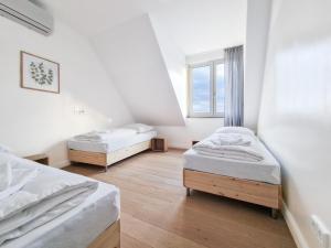 杜塞尔多夫RAJ Living - City Apartments with 1 or 2 Rooms - 15 Min to Messe DUS and Old Town DUS的客房设有两张床和窗户。
