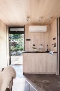 HektnerThe WonderInn Mirrored Glass Cabin - Wonderinn Delta的一个带木制橱柜和大窗户的厨房