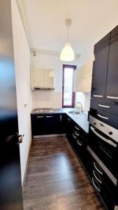 皮特什蒂Belle Apartments - Republicii的厨房配有黑色橱柜和木地板