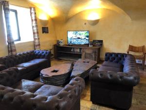 圣韦朗莱斯小屋杜维拉德酒店的客厅配有皮革家具和平面电视