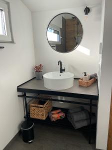 埃京Modernes Tinyhouse Trailer Cabins am Waldrand - mit Seezugang的一间带水槽和镜子的浴室